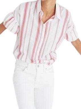 Striped Short-Sleeve Button Shirt - White with Red Stripes Sz Xxs